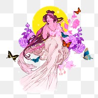 Alphonse Mucha's png floral lady sticker, vintage illustration on transparent background, remixed by rawpixel