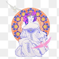 Alphonse Mucha's png floral lady sticker, vintage illustration on transparent background, remixed by rawpixel