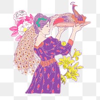 Woman carrying peacock png on a tray sticker, transparent background, remixed from the artwork of Louis Rhead