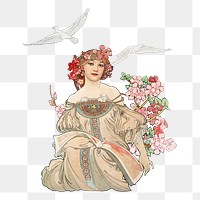 Vintage floral lady png sticker, Alphonse Mucha's famous artwork on transparent background, remixed by rawpixel