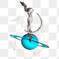 Space png woman standing on Saturn sticker, transparent background, remixed by rawpixel