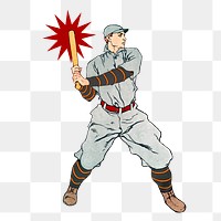 Baseball player png vintage sports drawing sticker, transparent background, remixed by rawpixel