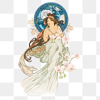 Alphonse Mucha's  png flower lady sticker, vintage illustration on transparent background, remixed by rawpixel