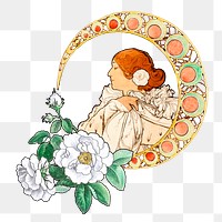 Alphonse Mucha's png flower lady sticker, vintage illustration on transparent background, remixed by rawpixel