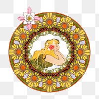 Alphonse Mucha's png lady sticker, ornament, art nouveau illustration on transparent background, remixed by rawpixel