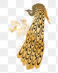 Gold peacock png Art Nouveau bird sticker, transparent background, remixed by rawpixel