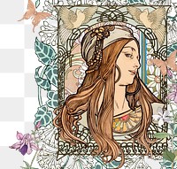 PNG Alphonse Mucha's woman sticker, transparent background, remixed by rawpixel