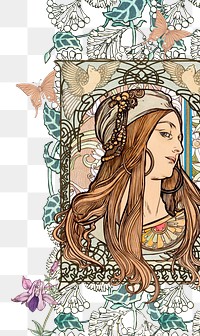 Vintage woman png Alphonse Mucha’s famous Art Nouveau artwork sticker, transparent background, remixed by rawpixel