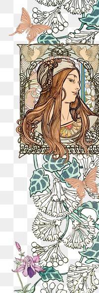 Vintage woman png Alphonse Mucha’s famous Art Nouveau artwork sticker, transparent background, remixed by rawpixel