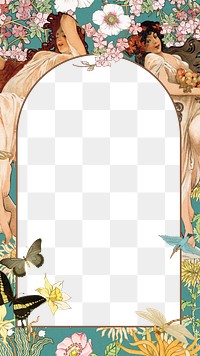 Alphonse Mucha's png arch frame, vintage flower woman, transparent background, remixed by rawpixel