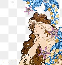 Vintage woman png Alphonse Mucha’s famous Art Nouveau artwork sticker, transparent background, remixed by rawpixel