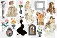 Vintage character png Art Nouveau sticker set, transparent background, remixed by rawpixel