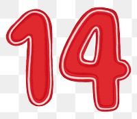 Number 14 png red doodle sticker, transparent background