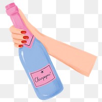 Popping champagne bottle png sticker, hand graphic, transparent background