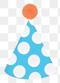 Polka dotted png cone hat sticker, blue party decor, transparent background