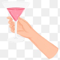 Hand png sticker raising martini glass, party illustration, transparent background