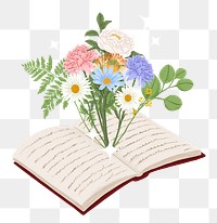 PNG flowers on opened book sticker, transparent background