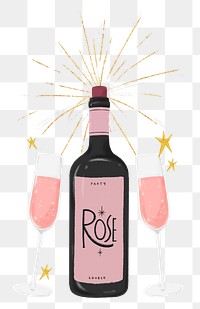 Pink champagne bottle png sticker, glasses, celebration drinks, transparent background