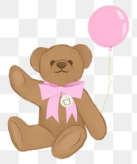 Birthday png teddy bear sticker, holding balloon, transparent background