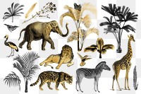 Gold wild animals png sticker set, transparent background