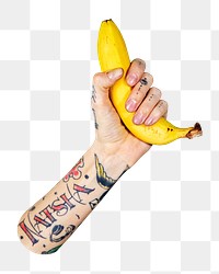 Tattooed hand png holding banana in transparent background