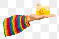 Cute woman png holding toy camera in transparent background