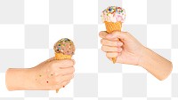 Ice cream png cones, hands holding in transparent background