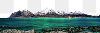 Northern lights  png lake border, snow mountain image, transparent background