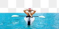 Woman tourist png kayak lake border, travel photo, transparent background