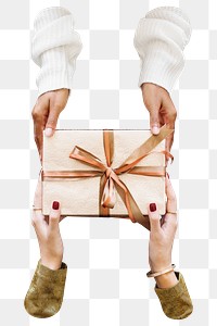 Giving png Christmas present, happy holidays gift exchange in transparent background
