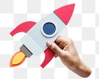 Hand holding rocket png sticker, transparent background