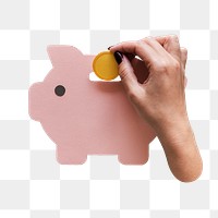 Hand lodging coin png into piggy bank sticker, transparent background