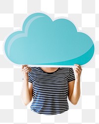 Woman holding cloud png sticker, transparent background