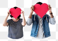 Happy couple png holding red heart icons in transparent background