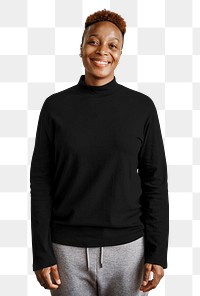 Woman png black sweater sticker, blank design space, transparent background