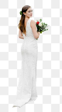 Beautiful bride png standing with a bouquet of flowers in transparent background