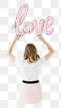 PNG love, woman holding balloon letters in transparent background