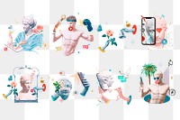 Social media aesthetic png sticker, creative remix set, transparent background
