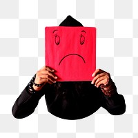 Man holding sad face sign png sticker, transparent background