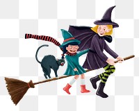 Flying witches png sticker, cat, Halloween illustration, transparent background