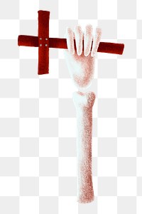 Skeleton png hand holding cross, Halloween illustration, transparent background