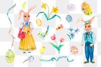 Easter garden png, rabbit characters, watercolor sticker set