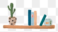 Cute bookshelf with cactus png sticker, transparent background