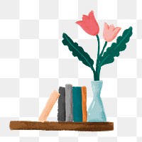 Book shelf png flower vase sticker, transparent background