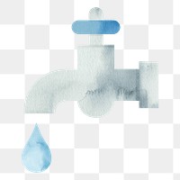 Water conservation png faucet sticker, watercolor graphic, transparent background