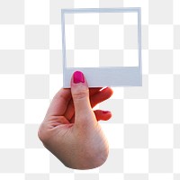 Png hand holding instant photo frame sticker isolated image, transparent background