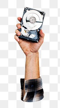 Png hand holding hard disk sticker isolated image, transparent background