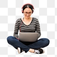 Png woman listening to music on laptop sticker isolated image, transparent background