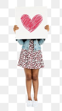 Woman holding png heart sign sticker, transparent background