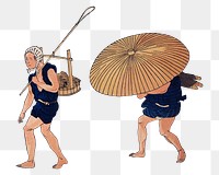 Png People Walking Beneath Umbrellas Along the Seashore During a Rainstorm, transparent background, Japanese ukiyo-e woodblock print by Utagawa Kuniyoshi. Remixed by rawpixel.